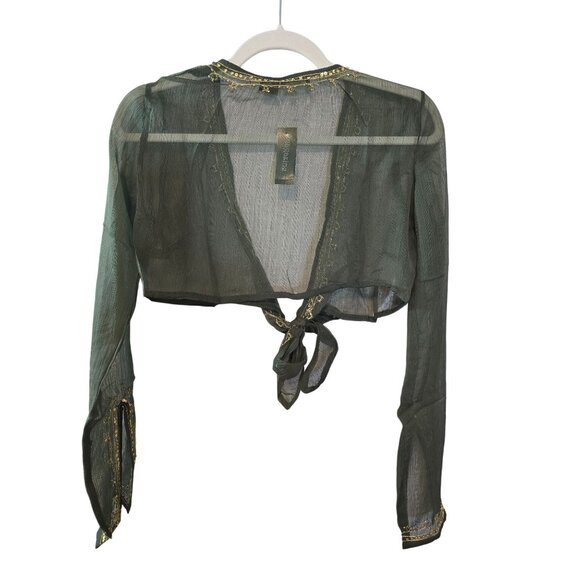 Olive Green Silk Chiffon top, cropped tie front by Magazine Size M New - Picture 4 of 11